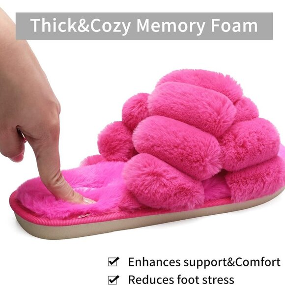 Women's Faux Fur Open Toe Slippers Cozy Fluffy House Slides for All Season - Picture 3 of 6